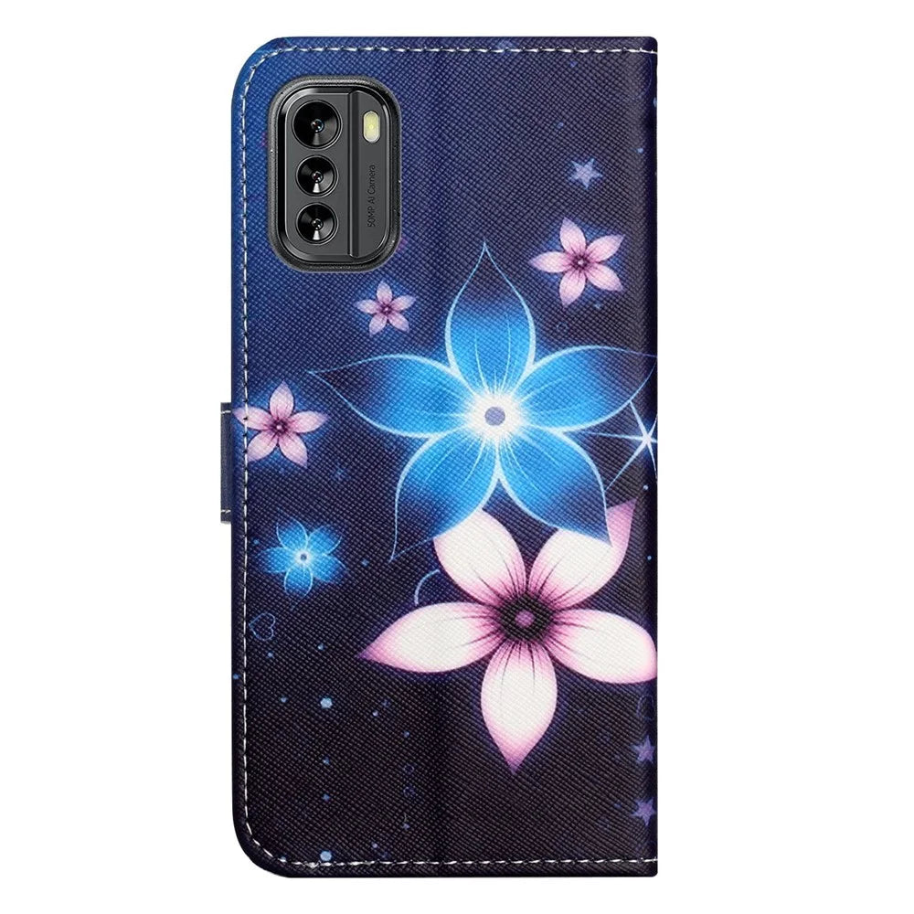 For Nokia G60 5G Cross Texture PU Leather Drop-proof Cover 3D Pattern Printing Foldable Stand Wallet Case - Blue Flower - 6