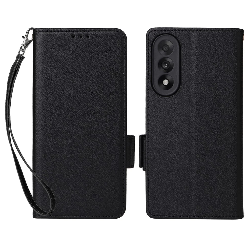 For OnePlus Nord 5 5G / Ace 5 Ultra 5G Case with Wrist Strap Litchi Texture PU Leather Wallet Phone Cover - Black - 1