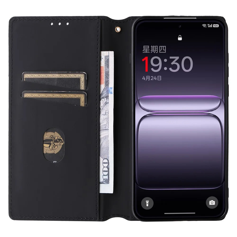 For OnePlus Nord 5 5G / Ace 5 Ultra 5G Case Wallet Rhombus Imprinted Leather Phone Cover - Black - 2