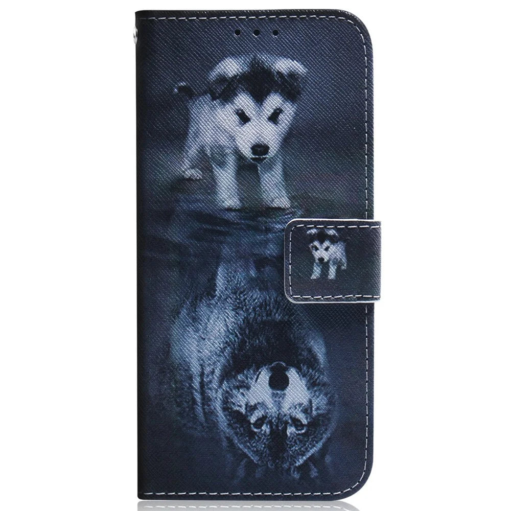 For Samsung Galaxy A08 5G / A08 4G / A07 5G / A07 4G / A06 5G / A06 4G Wallet Case Pattern Print Leather Phone Cover - Dog and Wolf - 6