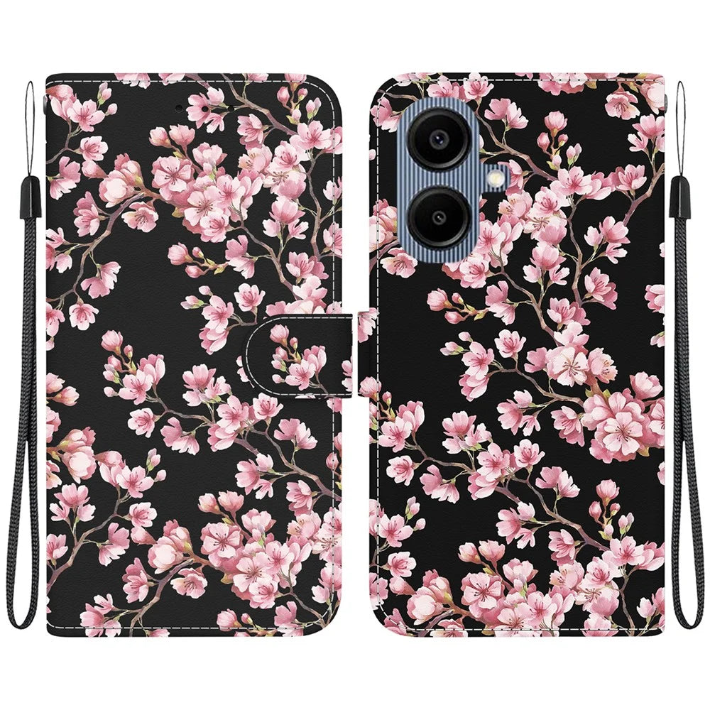 For Samsung Galaxy A08 5G / A08 4G / A07 5G / A07 4G / A06 5G / A06 4G Wallet Phone Case Anti-Drop Pattern Printing Leather Flip Cover with Strap - Plum Blossom - 1