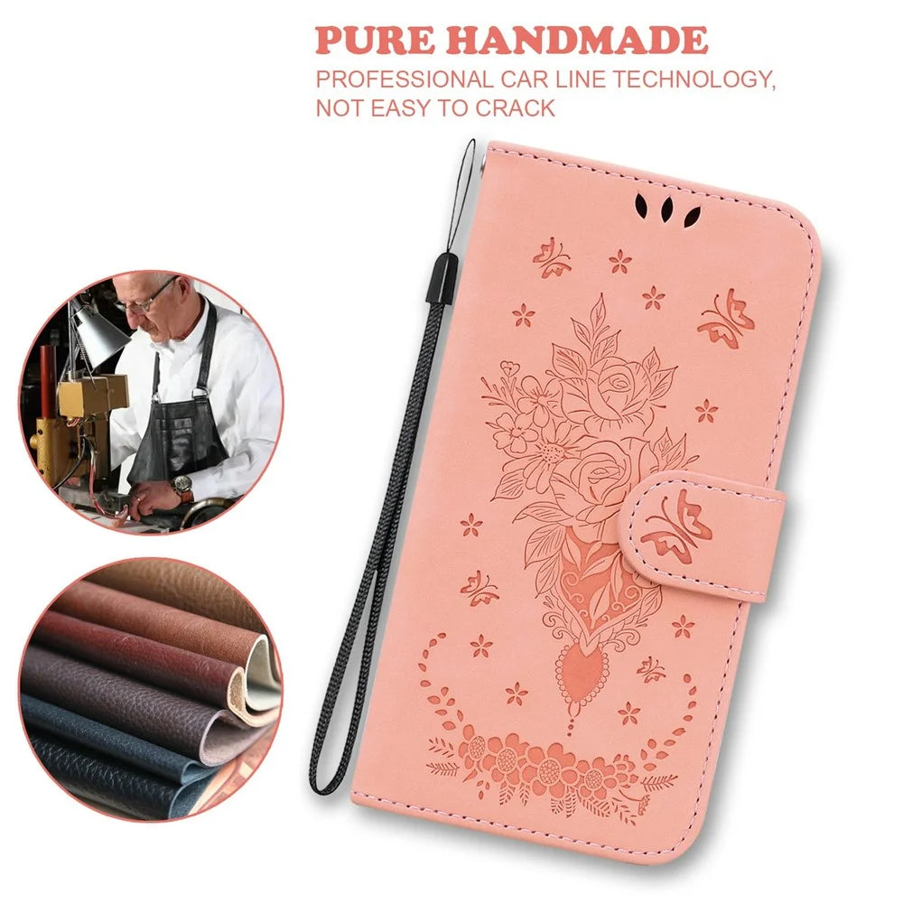 For Samsung Galaxy A08 5G / A08 4G / A07 5G / A07 4G / A06 5G / A06 4G Case Butterfly Flower Imprint PU Leather Wallet Phone Cover with Strap - Pink - 4