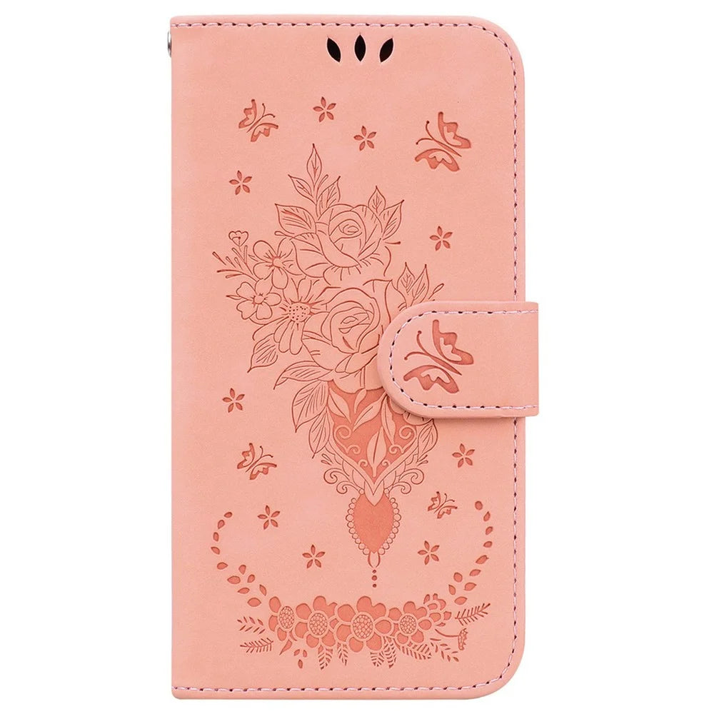For Samsung Galaxy A08 5G / A08 4G / A07 5G / A07 4G / A06 5G / A06 4G Case Butterfly Flower Imprint PU Leather Wallet Phone Cover with Strap - Pink - 6