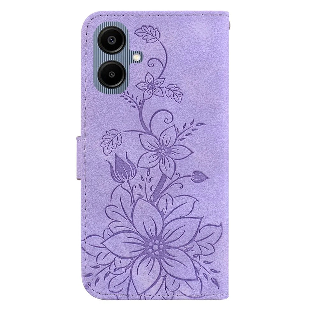 For Samsung Galaxy A08 5G / A08 4G / A07 5G / A07 4G / A06 5G / A06 4G Stand Case Lily Flower Imprint Leather Phone Cover with Wrist Strap - Purple - 7
