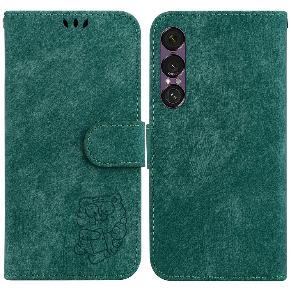 For Sony Xperia 1 VII Wallet Case Tiger Imprint Leather Shockproof Phone Cover with Wrist Strap - Green - 1