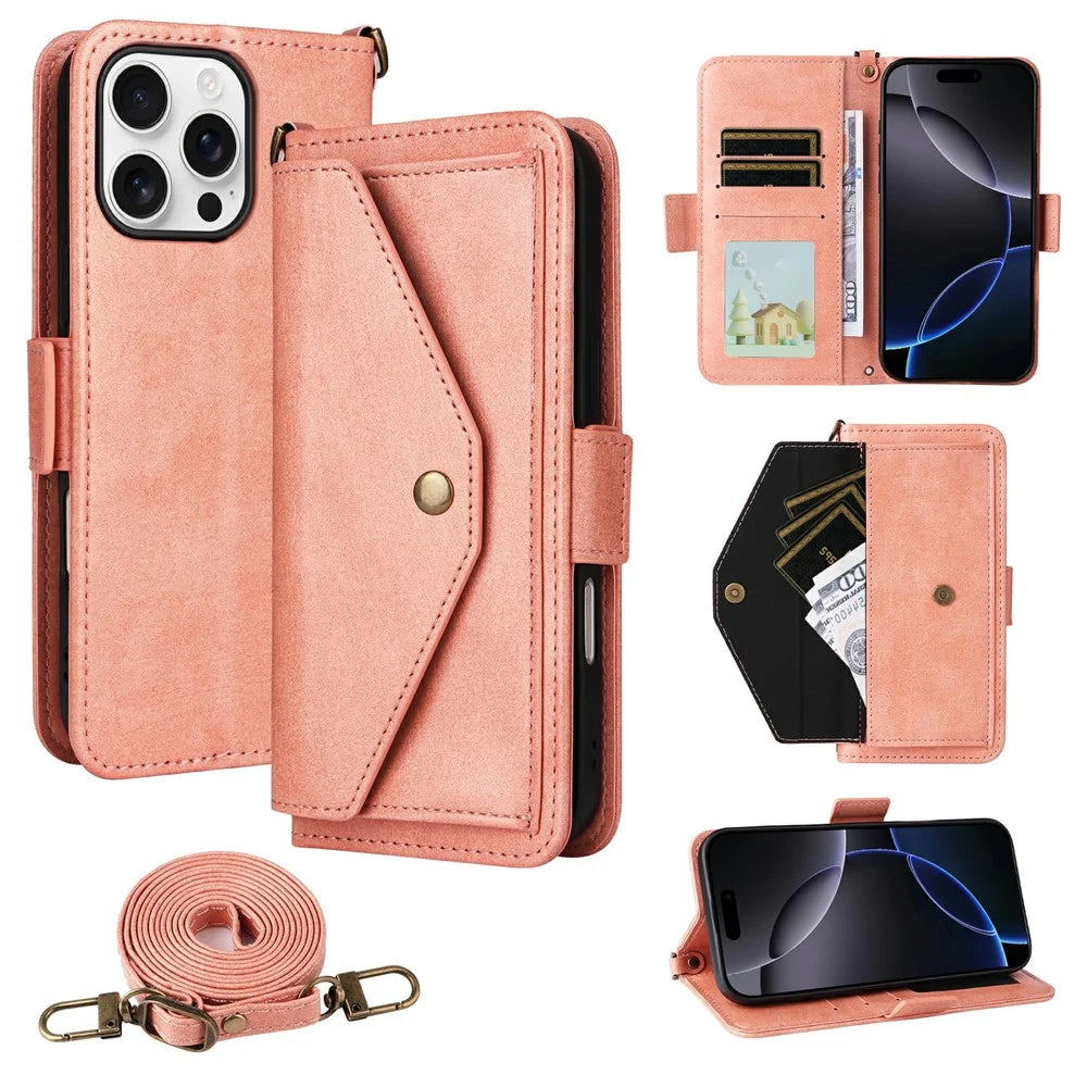 For iPhone 16 Pro Leather Case Magnetic Closure Wallet Stand Phone Cover with Crossbody Strap - Pink - 1