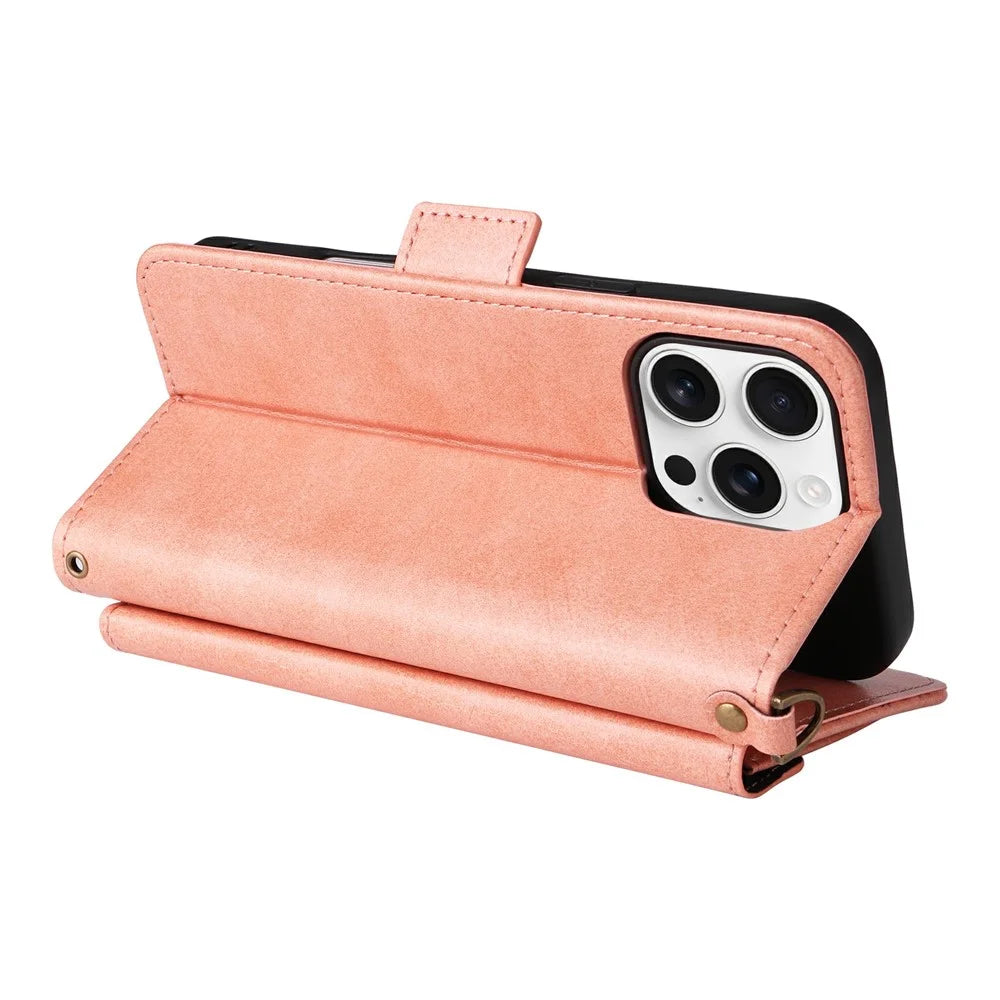 For iPhone 16 Pro Leather Case Magnetic Closure Wallet Stand Phone Cover with Crossbody Strap - Pink - 5
