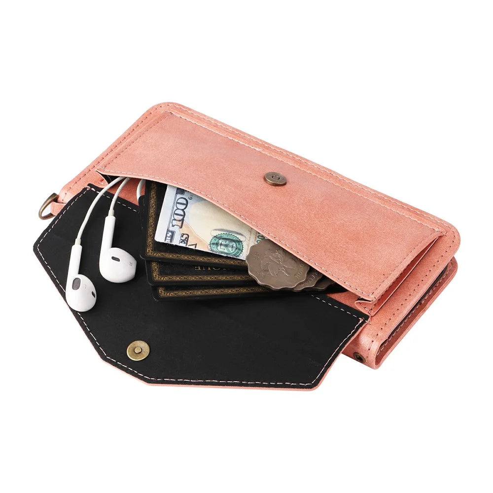 For iPhone 16 Pro Leather Case Magnetic Closure Wallet Stand Phone Cover with Crossbody Strap - Pink - 6