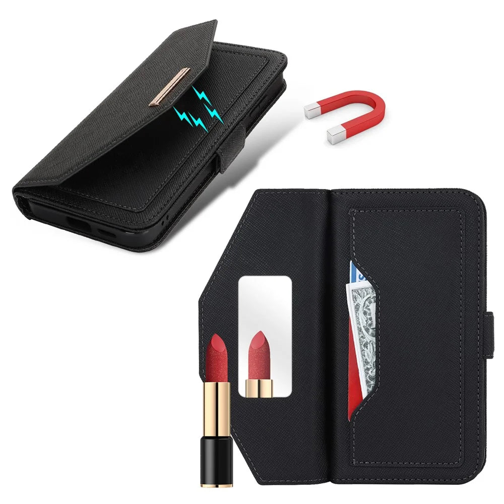 For Samsung Galaxy S25 Stand Case Cross Texture PU Leather Wallet Phone Cover with Shoulder Strap  /  Makeup Mirror - Black - 6