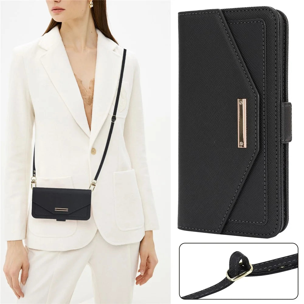 For Samsung Galaxy S25 Stand Case Cross Texture PU Leather Wallet Phone Cover with Shoulder Strap  /  Makeup Mirror - Black - 7