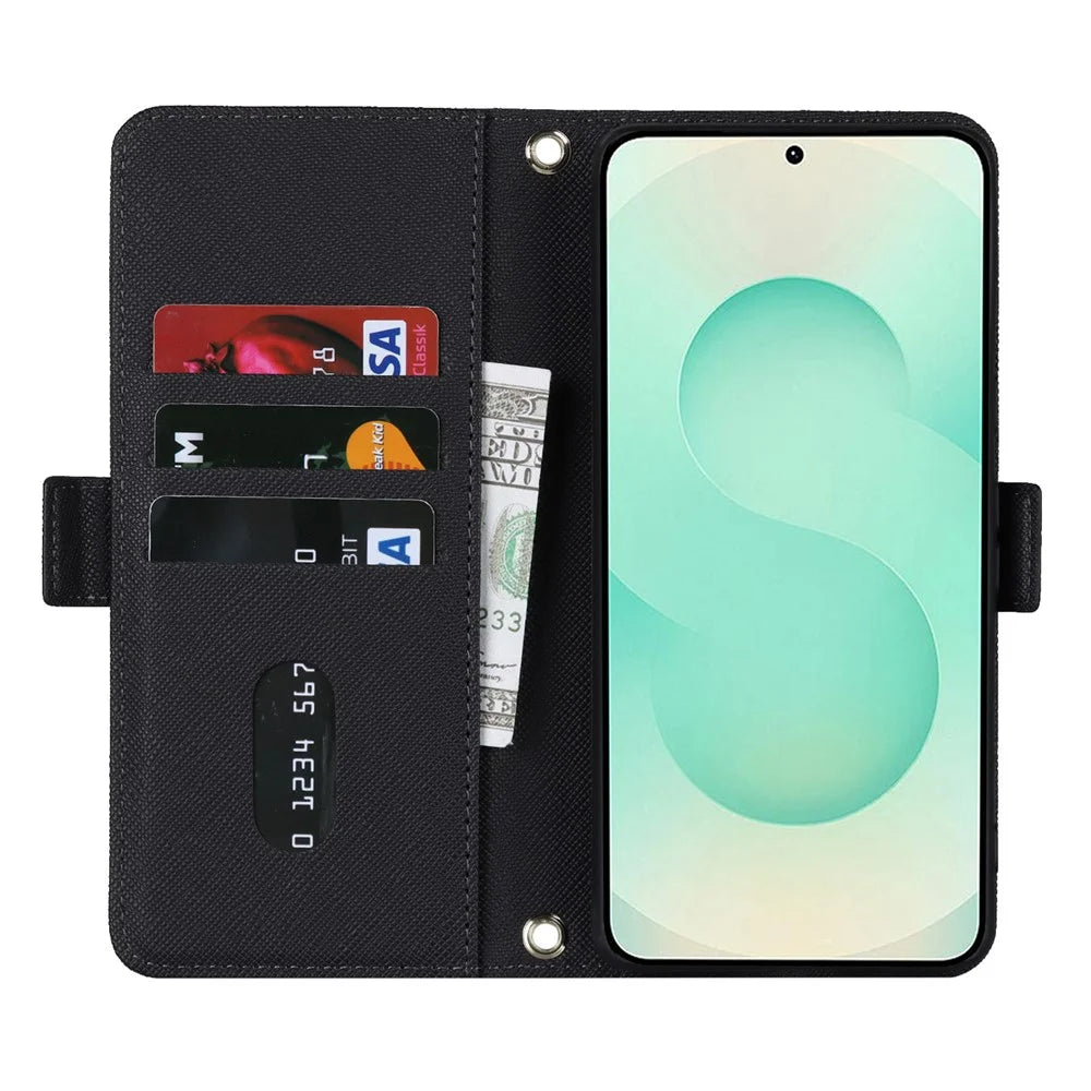 For Samsung Galaxy S25+ Stand Case Cross Texture PU Leather Wallet Phone Cover with Shoulder Strap  /  Makeup Mirror - Black - 2