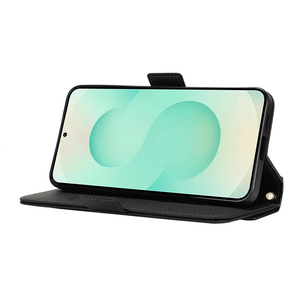For Samsung Galaxy S25+ Stand Case Cross Texture PU Leather Wallet Phone Cover with Shoulder Strap  /  Makeup Mirror - Black - 4