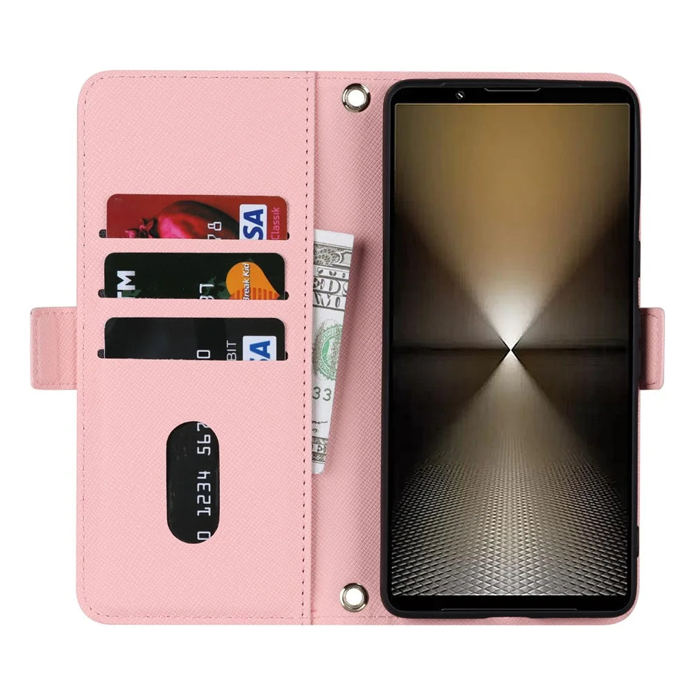 For Sony Xperia 1 VI Stand Case Cross Texture PU Leather Wallet Phone Cover with Shoulder Strap  /  Makeup Mirror - Pink - 2