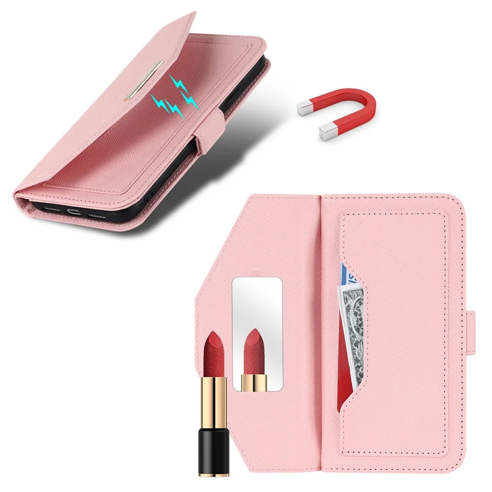 For Sony Xperia 1 VI Stand Case Cross Texture PU Leather Wallet Phone Cover with Shoulder Strap  /  Makeup Mirror - Pink - 6