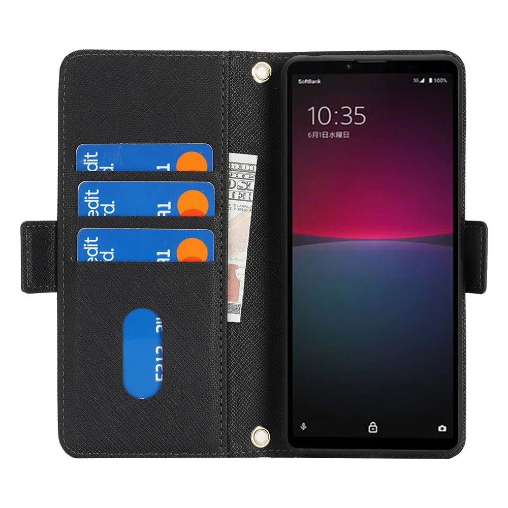 For Sony Xperia 10 IV 5G Stand Case Cross Texture PU Leather Wallet Phone Cover with Shoulder Strap  /  Makeup Mirror - Black - 2