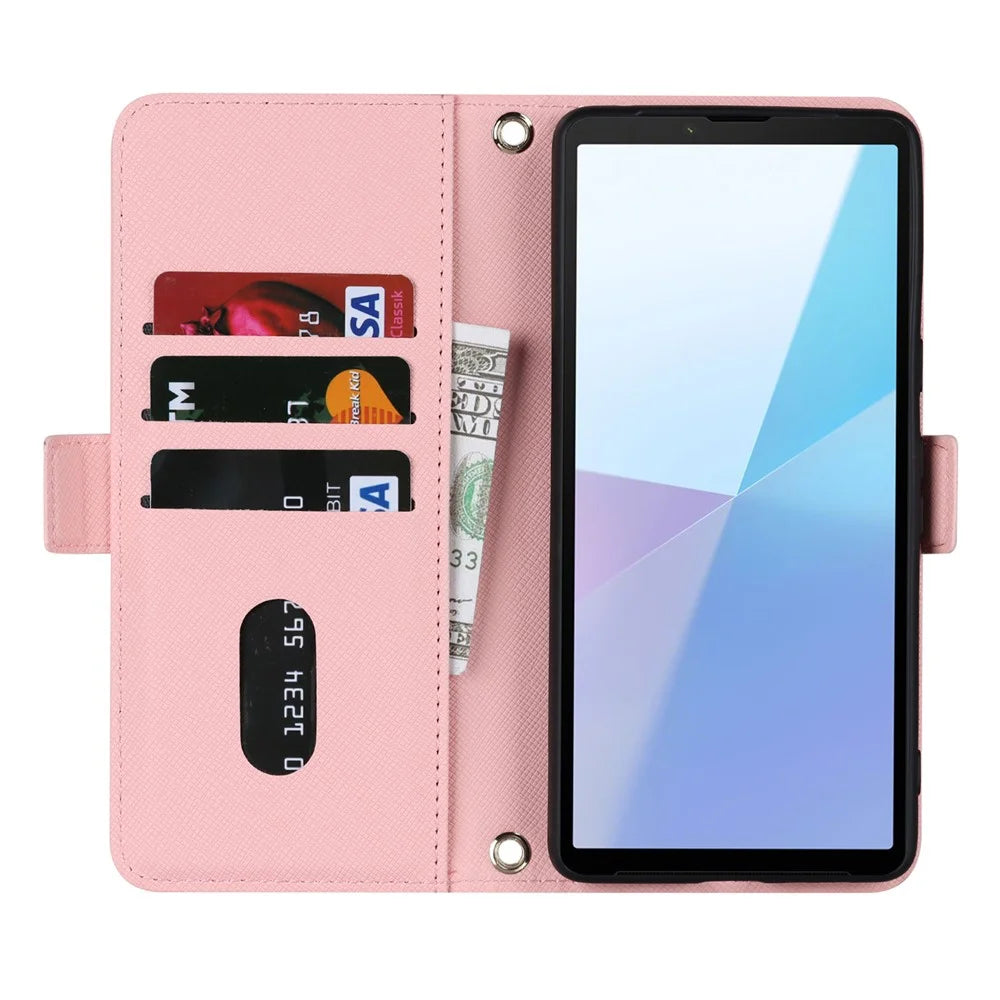 For Sony Xperia 10 VI Stand Case Cross Texture PU Leather Wallet Phone Cover with Shoulder Strap  /  Makeup Mirror - Pink - 2