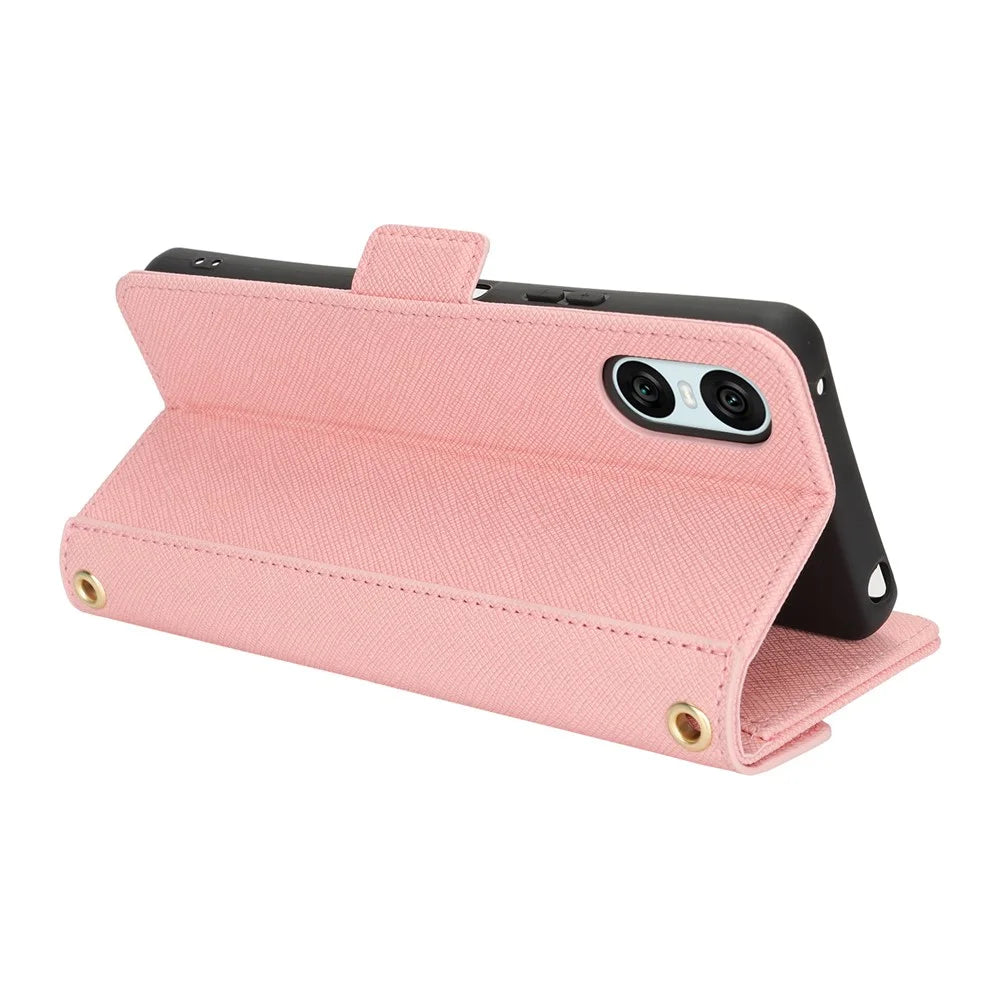 For Sony Xperia 10 VI Stand Case Cross Texture PU Leather Wallet Phone Cover with Shoulder Strap  /  Makeup Mirror - Pink - 3