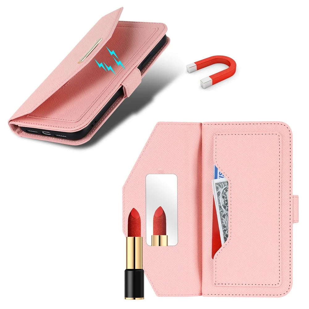 For Sony Xperia 10 VI Stand Case Cross Texture PU Leather Wallet Phone Cover with Shoulder Strap  /  Makeup Mirror - Pink - 6