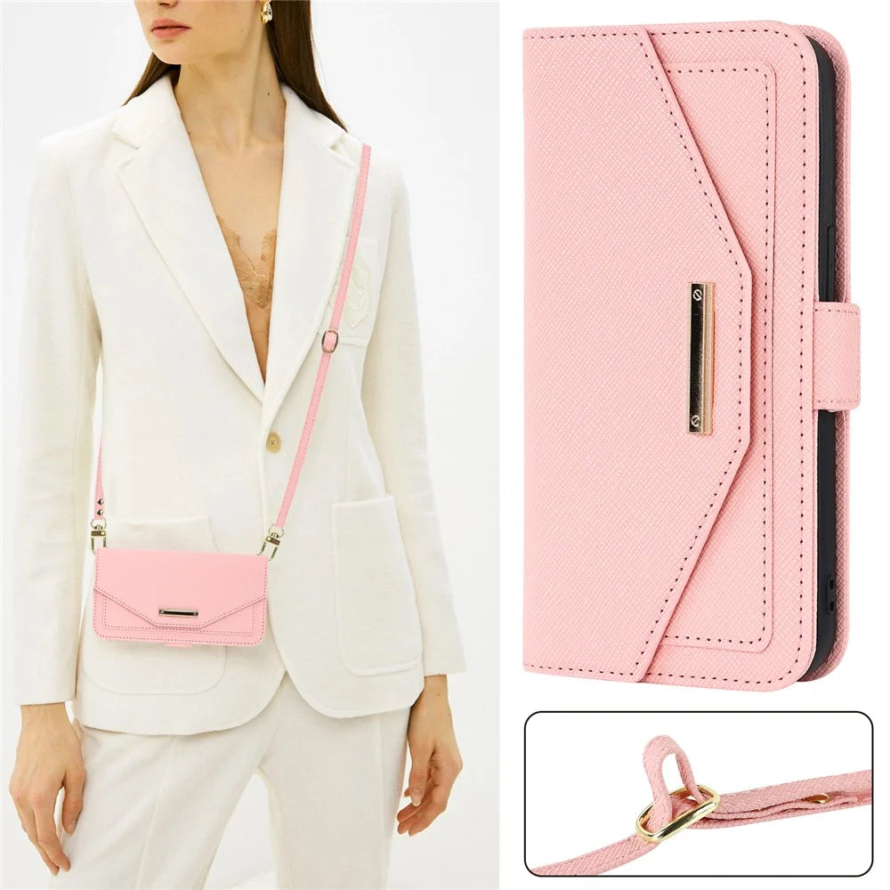 For Google Pixel 9 Pro XL Stand Case Cross Texture PU Leather Wallet Phone Cover with Shoulder Strap  /  Makeup Mirror - Pink - 7
