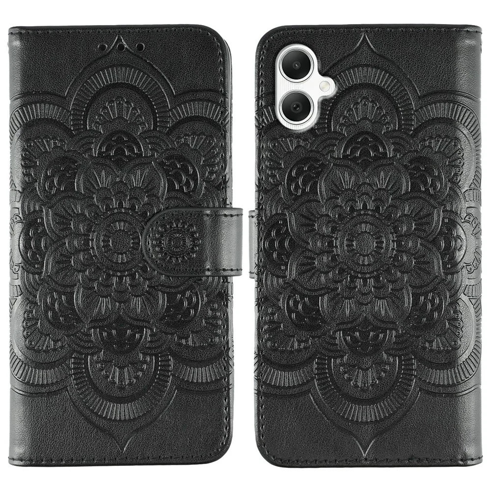 For Samsung Galaxy A05 4G Case PU Leather Mandala Imprinted Design Wallet Phone Cover with Wrist Strap - Black - 1