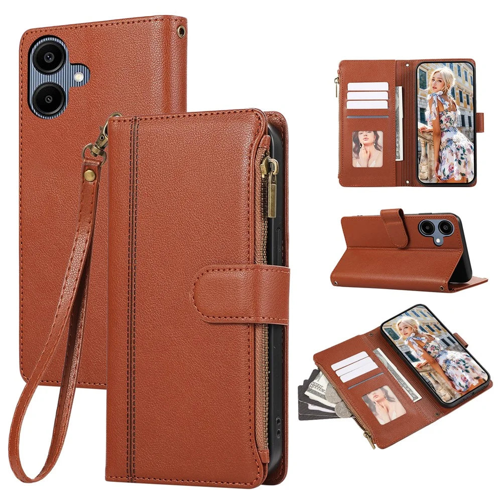 For Samsung Galaxy A05 4G Case Multi Card Slots Zipper Leather Phone Cover with Wrist Strap - Brown - 1