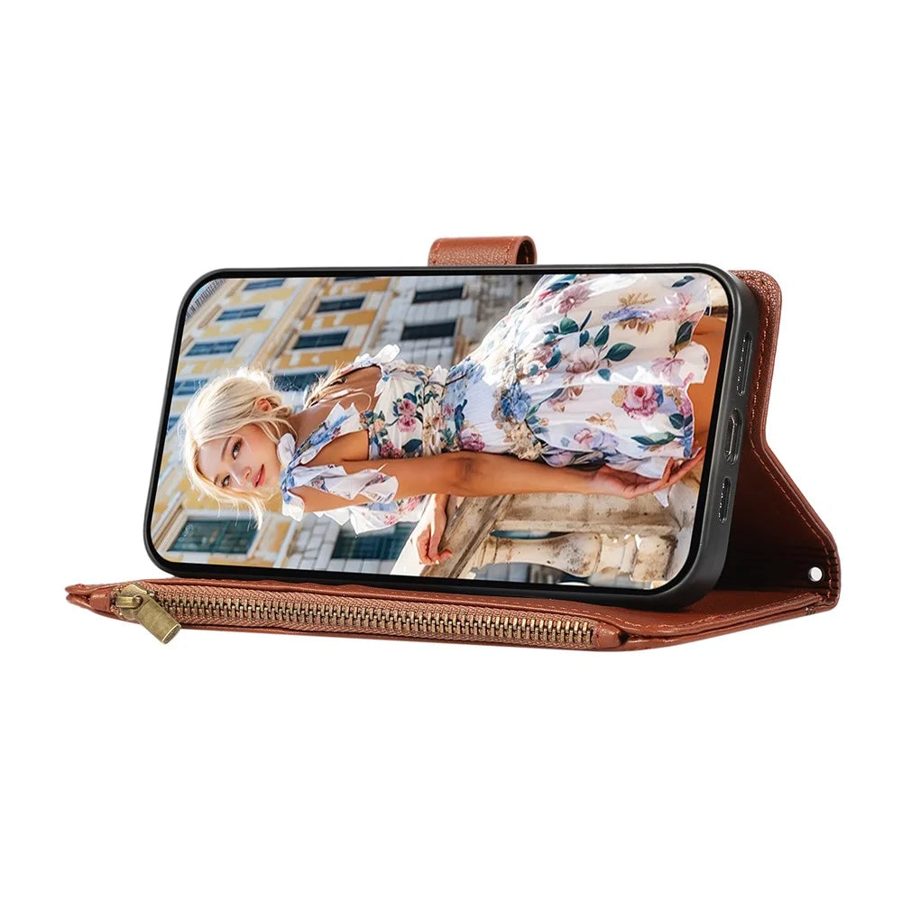 For Samsung Galaxy A05 4G Case Multi Card Slots Zipper Leather Phone Cover with Wrist Strap - Brown - 4
