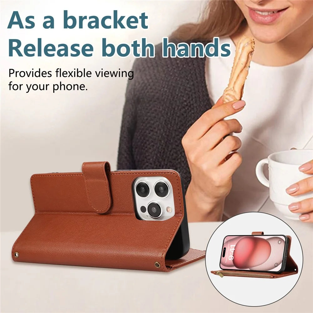 For iPhone 16 Pro Max Case Multi Card Slots Zipper Leather Phone Cover with Wrist Strap - Brown - 7