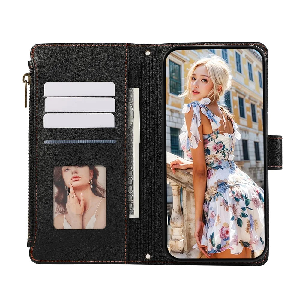 For Samsung Galaxy A36 5G Case Multi Card Slots Zipper Leather Phone Cover with Wrist Strap - Black - 3