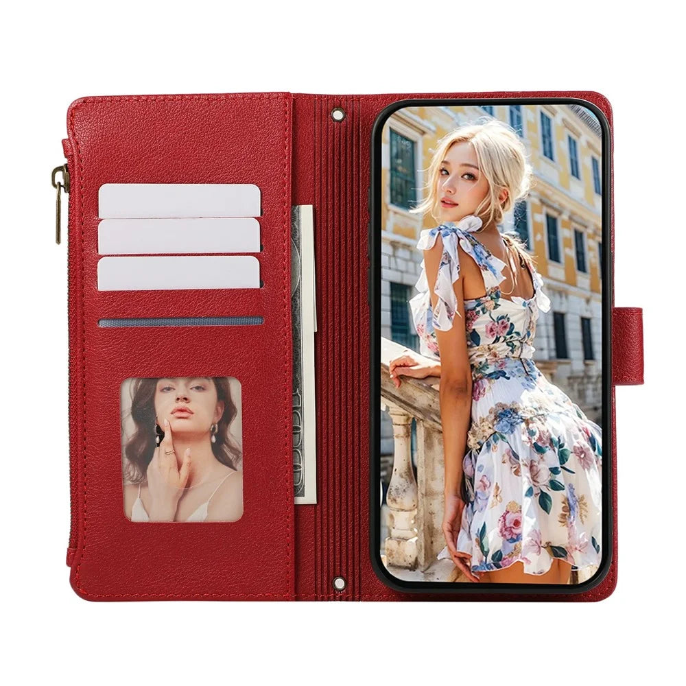 For Samsung Galaxy A55 5G Case Multi Card Slots Zipper Leather Phone Cover with Wrist Strap - Red - 2