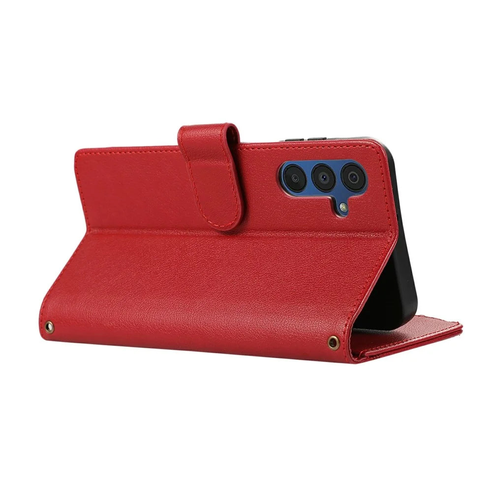 For Samsung Galaxy A55 5G Case Multi Card Slots Zipper Leather Phone Cover with Wrist Strap - Red - 5