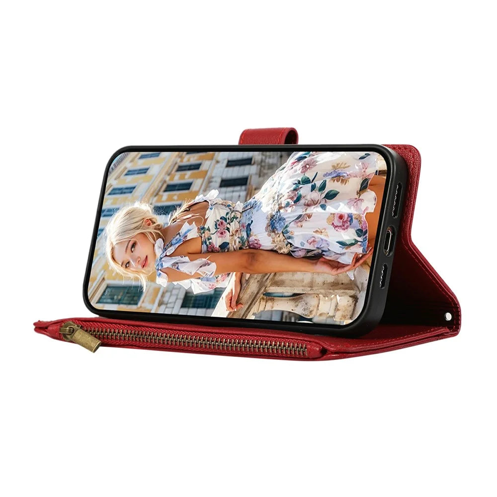 For Samsung Galaxy A15 4G  /  A15 5G Case Multi Card Slots Zipper Leather Phone Cover with Wrist Strap - Red - 4