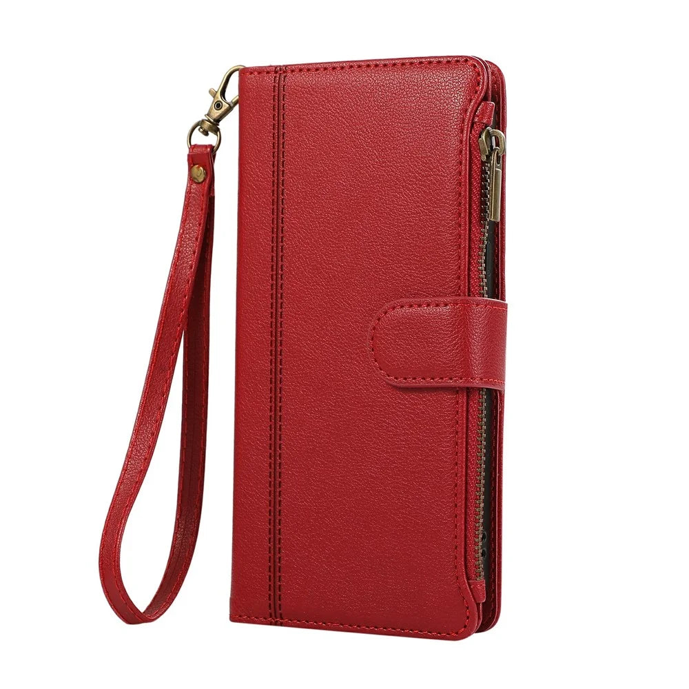 For Samsung Galaxy A15 4G  /  A15 5G Case Multi Card Slots Zipper Leather Phone Cover with Wrist Strap - Red - 6