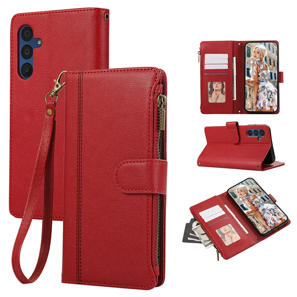 For Samsung Galaxy A25 5G (Global) (161mm) Case Multi Card Slots Zipper Leather Phone Cover with Wrist Strap - Red - 1