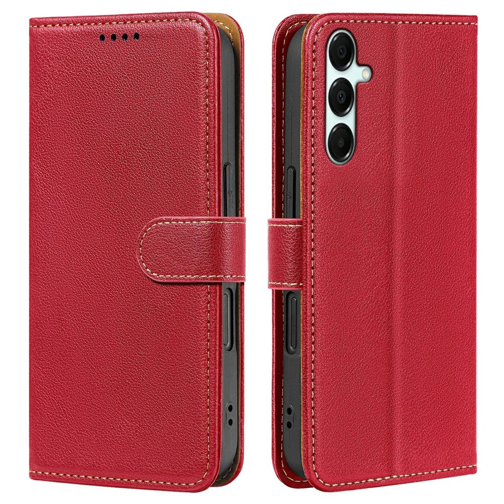 For Samsung Galaxy A18 5G / A18 4G / A17 5G / A17 4G Case RFID Blocking Wallet Litchi Texture Leather Phone Cover Magnetic Clasp - Red - 1