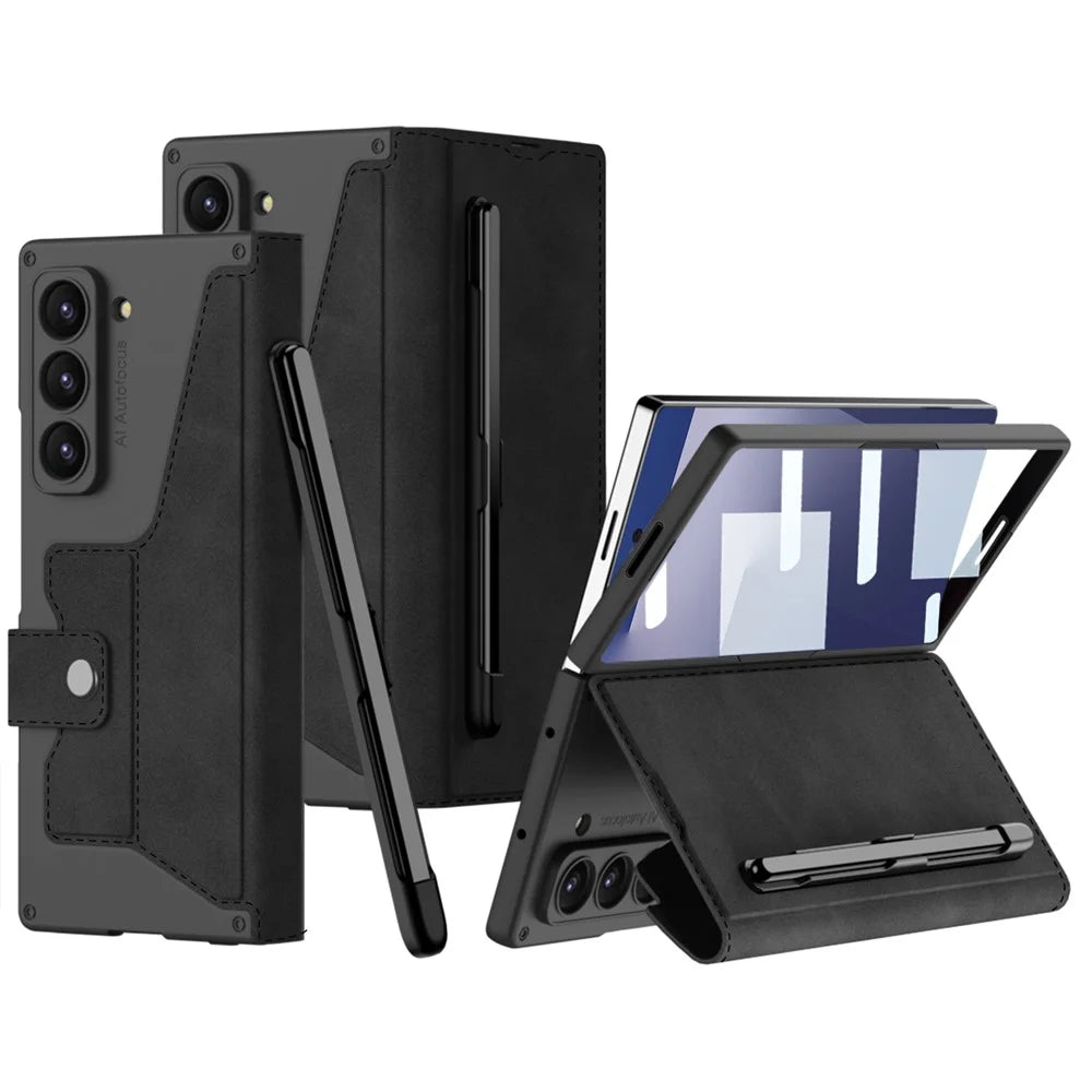 GKK For Samsung Galaxy Z Fold7 5G Kickstand Case Pencil Slot PC+PU Phone Cover with Screen Film - Black - 1