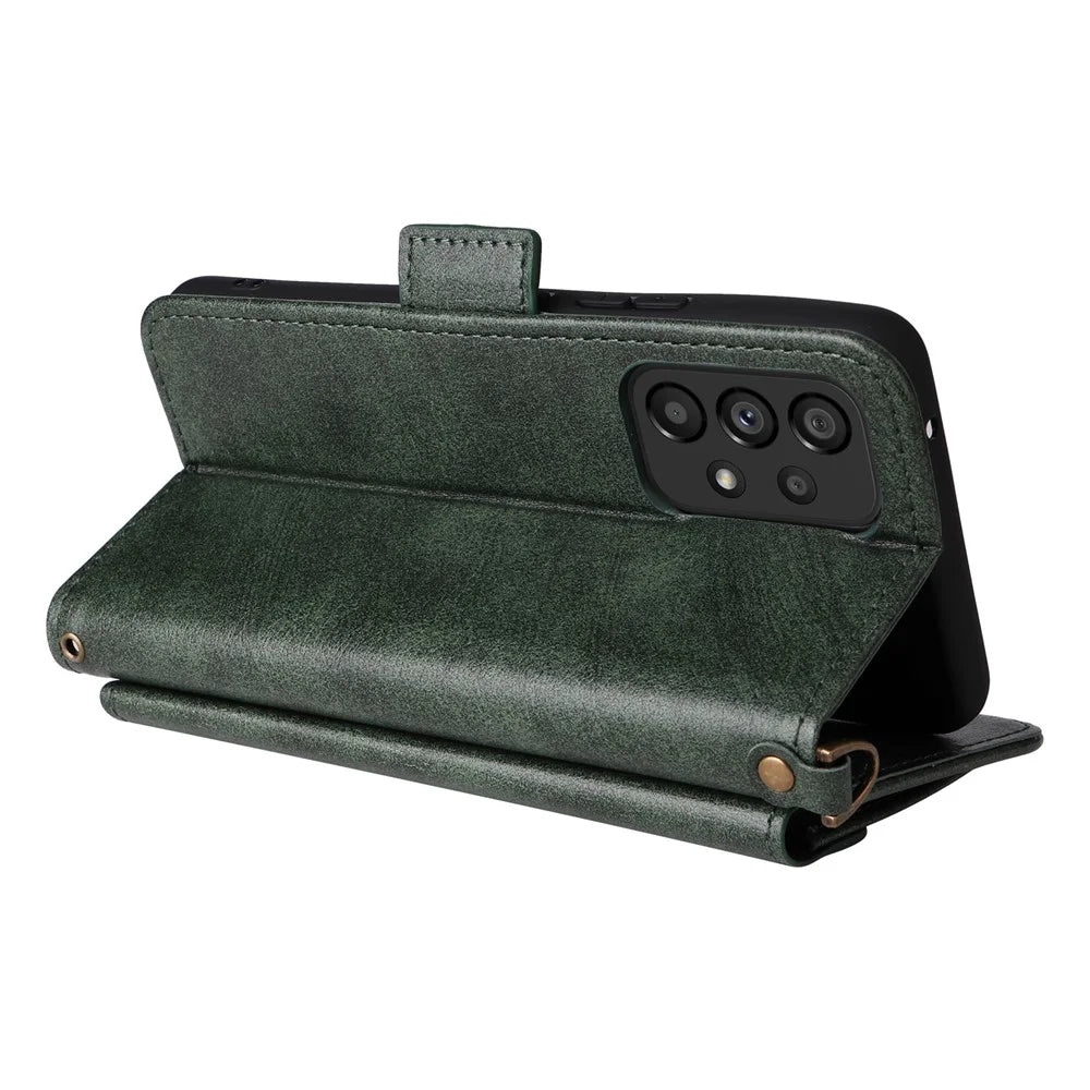 For Samsung Galaxy A53 5G Leather Case Magnetic Closure Wallet Stand Phone Cover with Crossbody Strap - Green - 5
