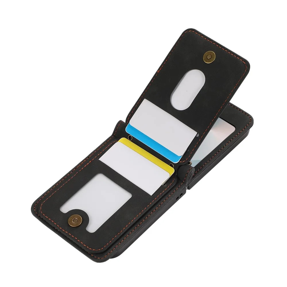 For Samsung Galaxy Z Flip7 5G Case Card Holder Kickstand Leather + TPU Phone Cover with Shoulder Strap - Black - 2