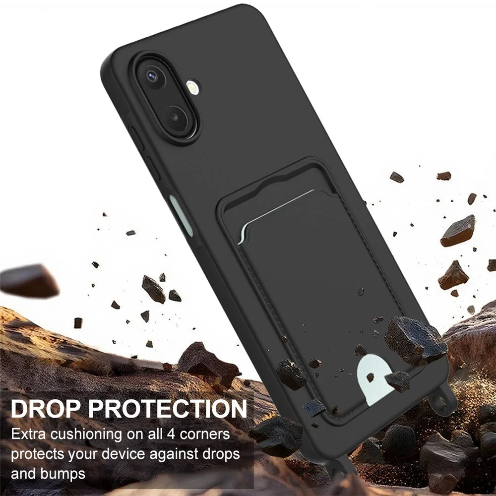 For Samsung Galaxy A08 4G / A08 5G / F07 4G / M17e 5G / M07 4G / A07 5G / A07 4G Case Liquid Silicone Card Holder Phone Back Cover with Short Strap - Black - 5