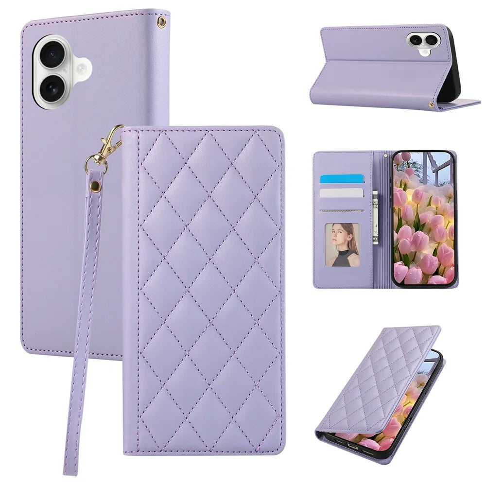 For iPhone 17 Case RFID Blocking Wallet Stand Rhombus Leather Phone Cover with Wrist Strap - Purple - 1