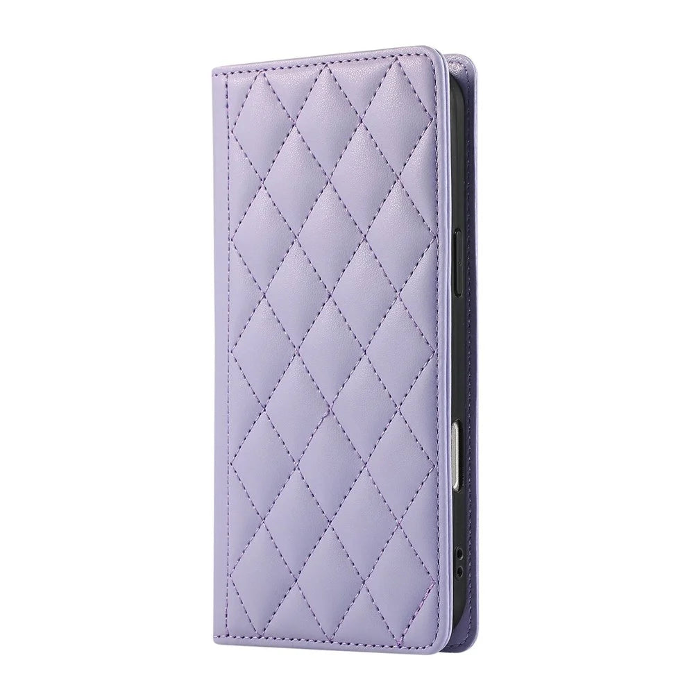 For iPhone Air Case RFID Blocking Wallet Stand Rhombus Leather Phone Cover with Wrist Strap - Purple - 6