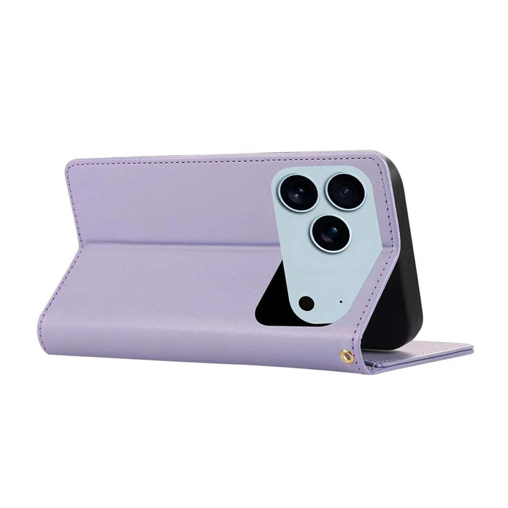 For iPhone 18 Pro / 17 Pro Case RFID Blocking Wallet Stand Rhombus Leather Phone Cover with Wrist Strap - Purple - 4