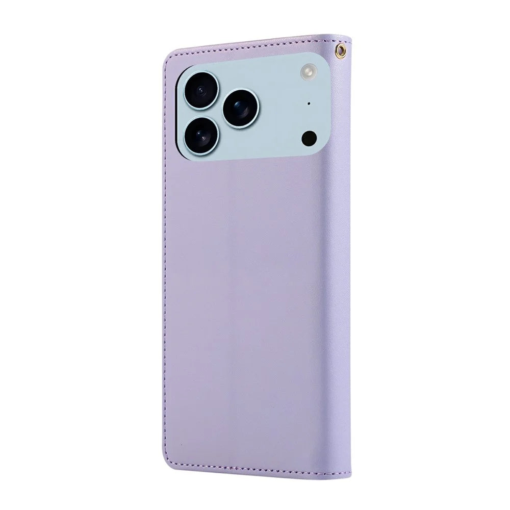 For iPhone 18 Pro / 17 Pro Case RFID Blocking Wallet Stand Rhombus Leather Phone Cover with Wrist Strap - Purple - 7
