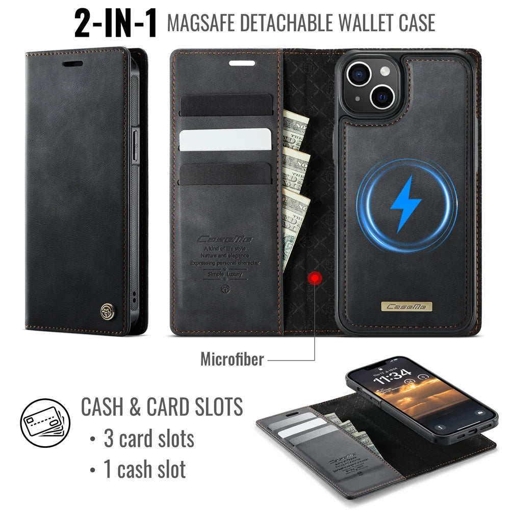 CASEME For iPhone 14 Plus / iPhone 15 Plus Case  C49  Compatible with MagSafe RFID Blocking Detachable Wallet Leather Phone Cover - Black - 2
