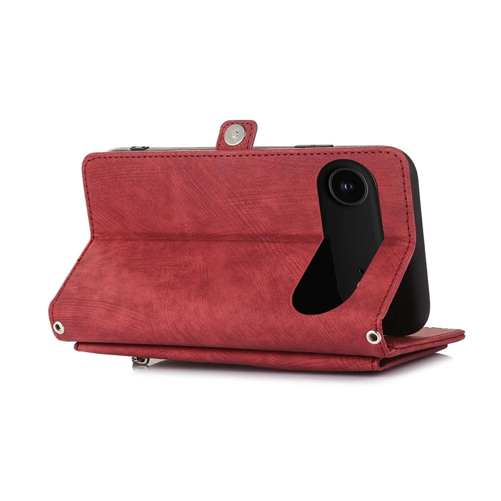 For iPhone Air Case Zipper Pocket 9 Card Slots PU Leather Phone Cover with Wrist Strap - Red - 2