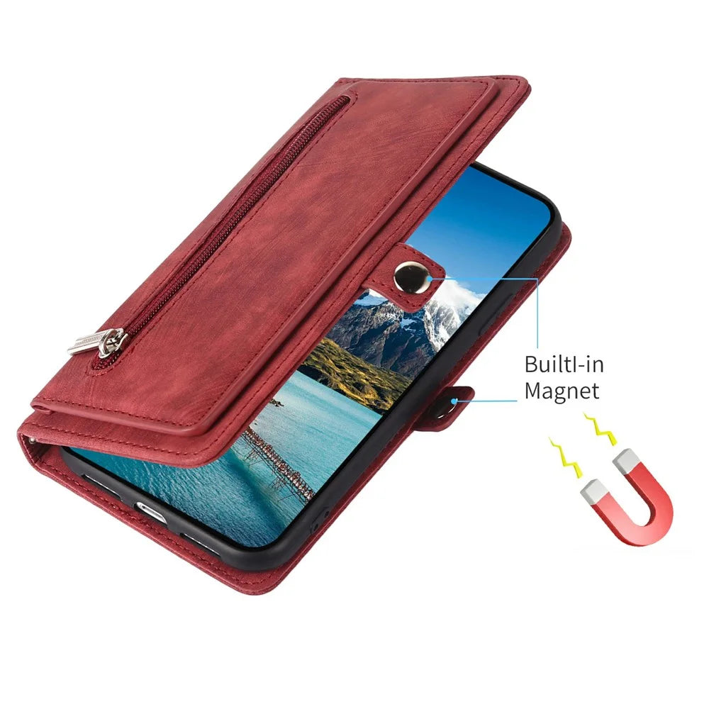For iPhone Air Case Zipper Pocket 9 Card Slots PU Leather Phone Cover with Wrist Strap - Red - 5