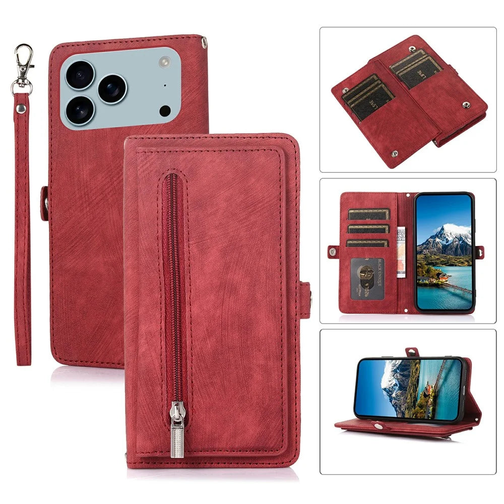 For iPhone 18 Pro Max / 17 Pro Max Case Zipper Pocket 9 Card Slots PU Leather Phone Cover with Wrist Strap - Red - 1