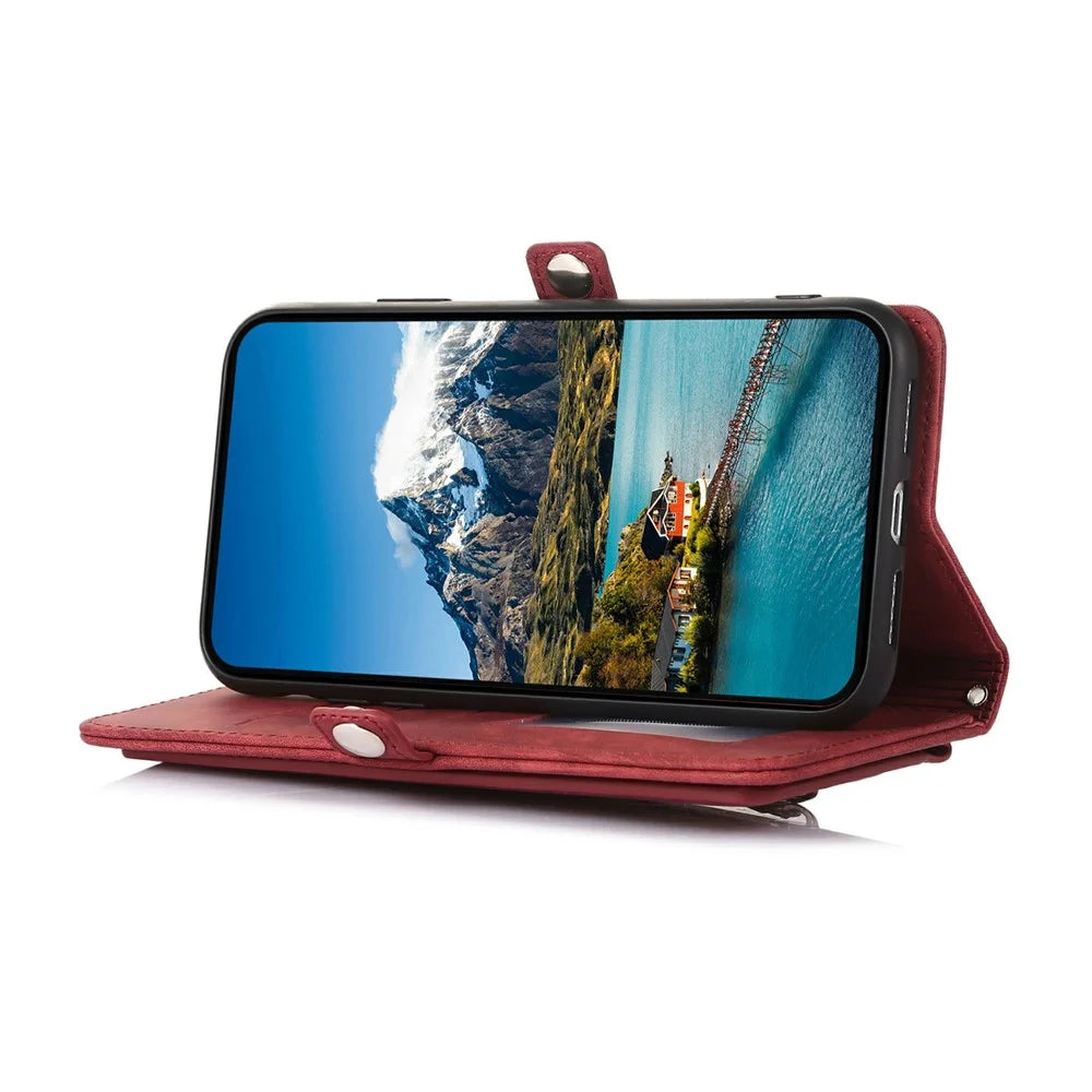 For iPhone 18 Pro Max / 17 Pro Max Case Zipper Pocket 9 Card Slots PU Leather Phone Cover with Wrist Strap - Red - 3