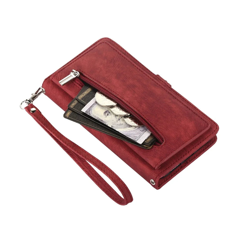 For iPhone 18 Pro Max / 17 Pro Max Case Zipper Pocket 9 Card Slots PU Leather Phone Cover with Wrist Strap - Red - 7