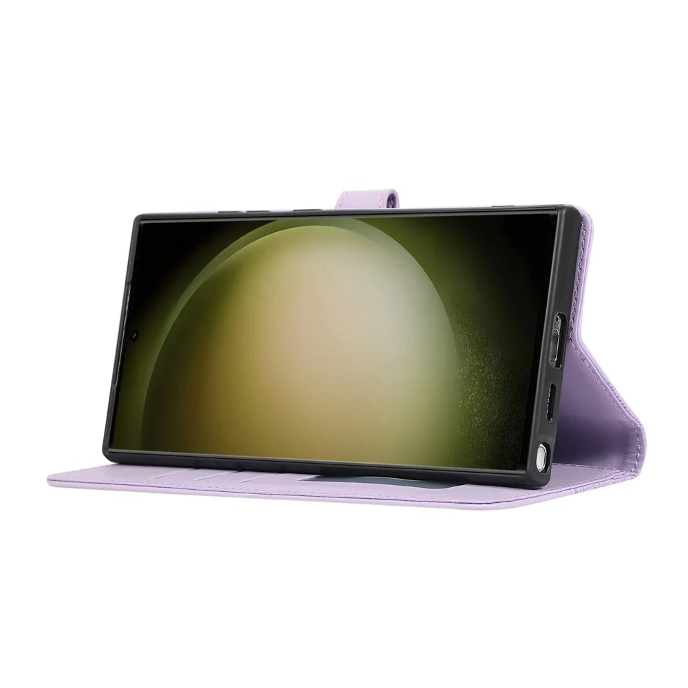 For Samsung Galaxy S24 Ultra Case 3D Rhombus Grid Imprinted Wallet Leather Phone Cover with Lanyard - Purple - 3