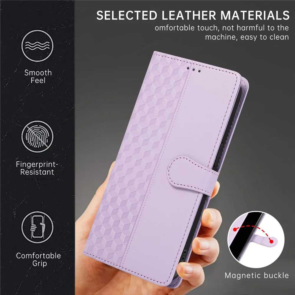 For Samsung Galaxy S24 Ultra Case 3D Rhombus Grid Imprinted Wallet Leather Phone Cover with Lanyard - Purple - 5